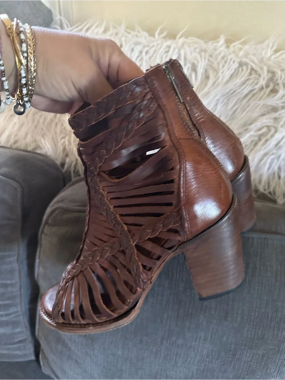 Freebird by Steven Brown Woven Leather Peep-Toe Ankle Booties - Picture 9 of 14